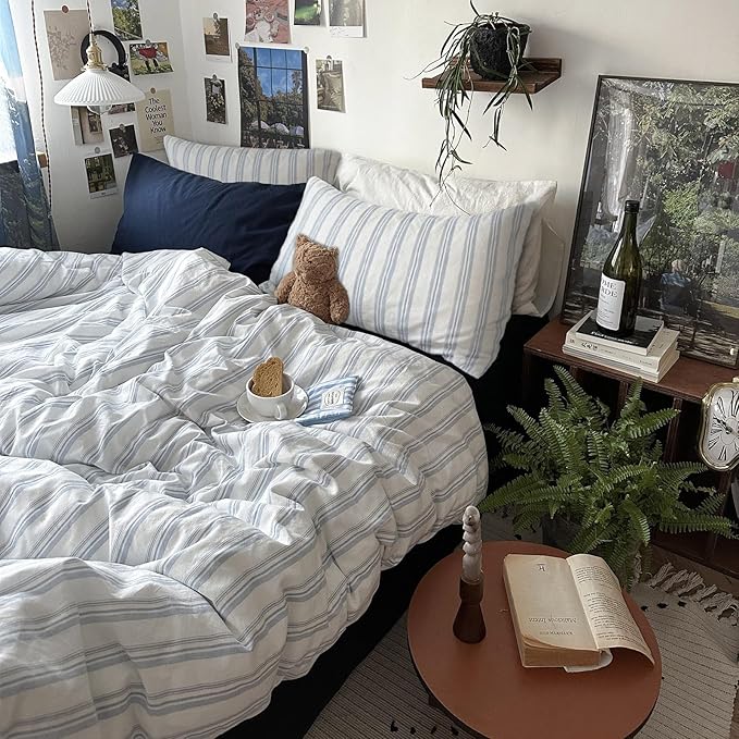 mixinni Vintage Blue & White Striped Duvet Cover Set - 3 Piece 100% Washed Cotton Full Size Bedding | Minimalist Relaxed Style | Ultra Soft Breathable, with Zipper Closure & Corner Ties-Full Size