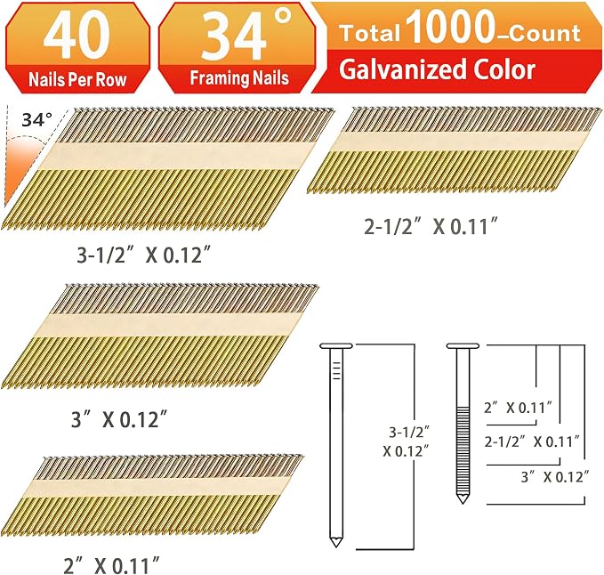 34°Framing Nails,Smooth Shank,2",2-1/2",3",3-1/2":1000pcs | D Head Nail Pack,Galvanized Paper Tape Strip Nails,Smooth Shank,for 30 to 34 Degree Framing Nailer