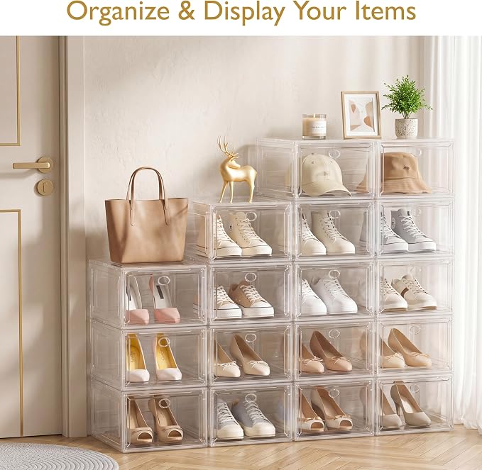 7 code Shoe Organizer, Clear Thickened Stackable Shoe Boxes with Magnetic Door, Collapsible Closet Storage Rack for Sneakers & Boots, 6 Pack White, Virgin Material, Not Recycled Plastic for Household