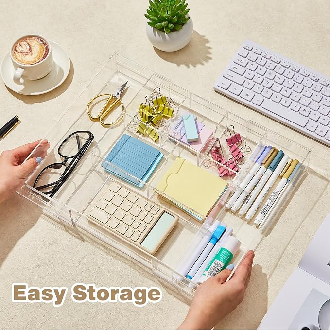 Briwooody 1 Pcs Acrylic Desk Drawer Organizer 9'' up to 18'' x 12'' x 2.1'' Expandable Drawer Organizer Trays with 8 Adjustable Compartments Clear Desk Accessories for Makeup Office Bathroom