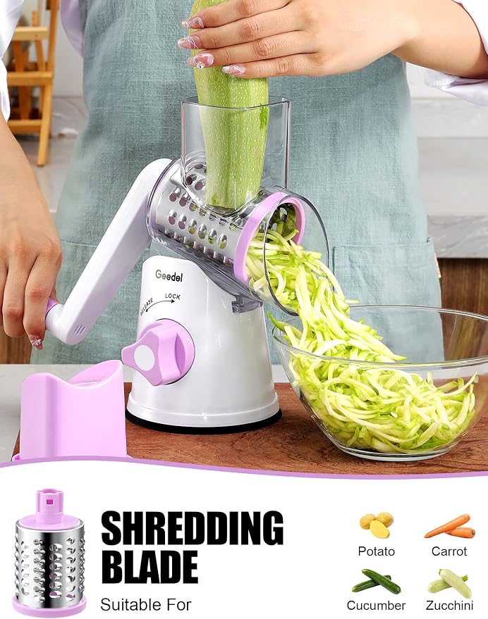 Geedel Rotary Cheese Grater, Kitchen Mandoline Vegetable Slicer with 3 Interchangeable Blades, Easy to Clean Rotary Grater Slicer for Cheese, Vegetables, Nuts