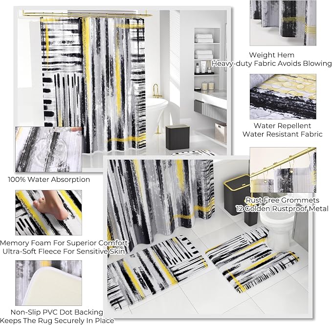 Bathroom Set - Bathroom Accessory Set, Black Bathroom Set, 26PC Bathroom Sets with Shower Curtain and Rugs, Toilet Brush, Trash Can, Qtip Holder & Bathroom Soap Dispenser Set