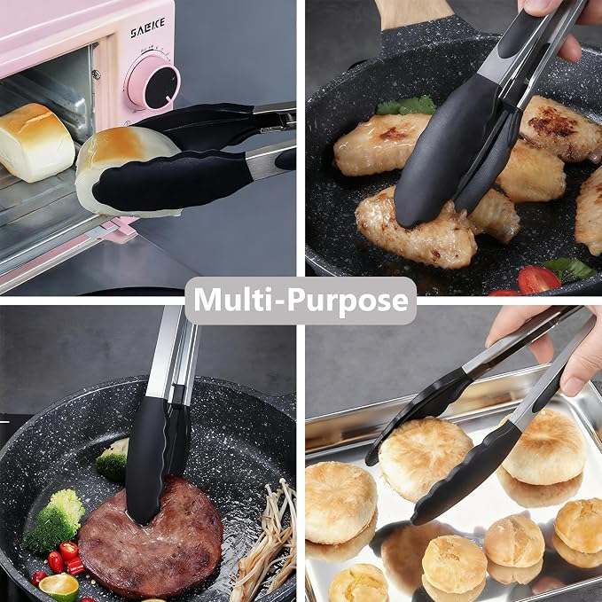 Kitchen Tongs for Cooking with Non-Stick Silicone Tips, 600°F Heat Resistant Silicone Cooking Food Tong Set Heavy Duty Stainless Steel Handle for Baking Grilling BBQ Salad Serving, 9" and 12"