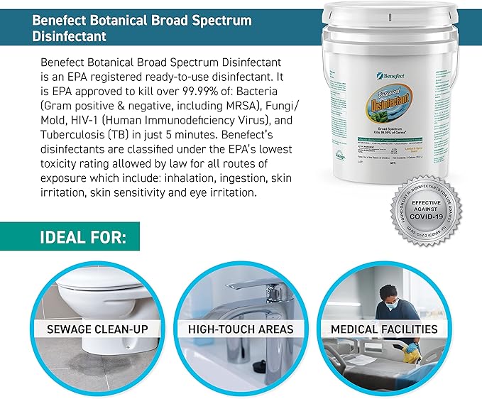 Benefect Botanical Broad Spectrum Disinfectant, 5 Gallon, Lemon & Spice Scent, Hospital Grade Disinfectant & Tuberculocide, Kills Over 99.99% of Germs, No Rinsing or Wiping Required