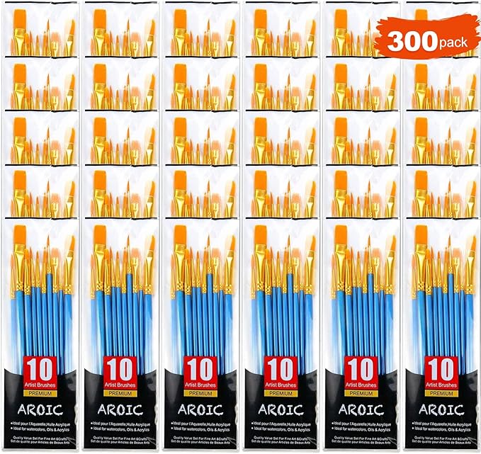 AROIC Painting Brush Set, 30 Packs/300 Pieces, Nylon Brush Head, Suitable for Oil and Watercolor, Perfect Suit of Art Painting, Best Present for Painting Enthusiasts