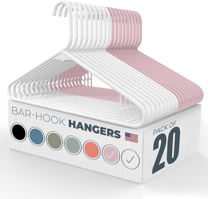 Plastic Hangers 20 Pack - Made in the USA - 6lb Capacity Standard Clothes Hangers with Strap Hooks for Dresses, Lingerie, Shirts, Pants, and Jackets - White & Rose