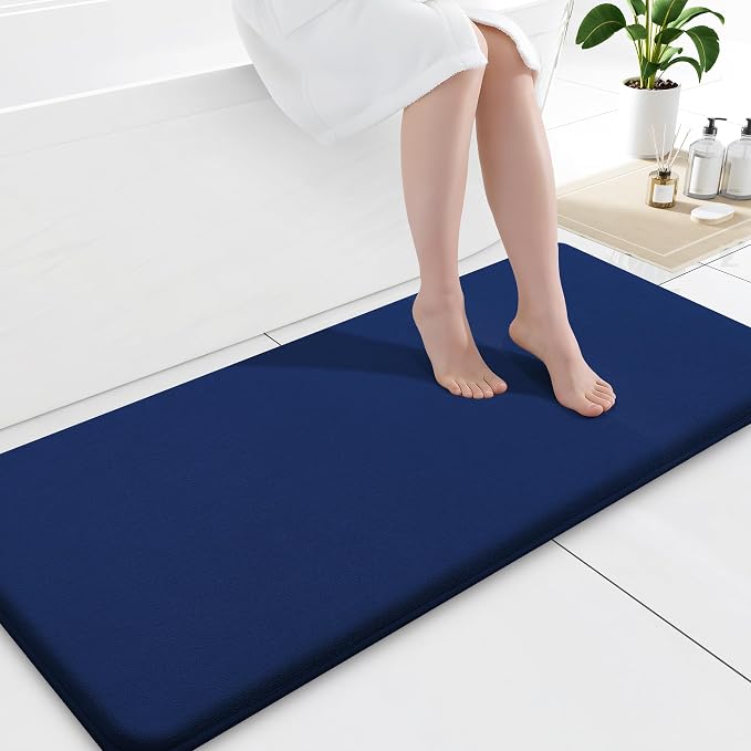 Smiry Memory Foam Bath Mat 47x17, Extra Soft and Absorbent Bathroom Mats, Non Slip Washable Carpet for Floor, Shower and Tub, Navy Blue
