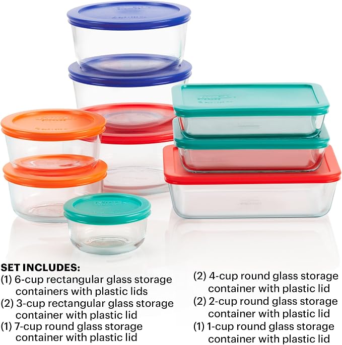 Pyrex Simply Store (9-Pack) Mixed Sized Glass Food Storage Set, Round & Rectangular Containers With Plastic Lids, BPA-Free, Dishwasher & Microwave Safe