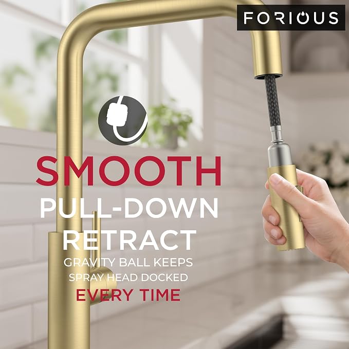 FORIOUS Kitchen Faucet with Pull Down Sprayer, Brushed Gold Single Handle U-Spout Stainless Steel Kitchen Sink Faucet, 1 or 3 Hole Deck Mount for RV, Bar, Farmhouse, Laundry, Outdoor