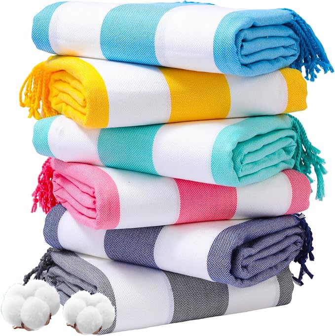 Genovega 6 Packs Oversized Turkish Beach Towel 74"x38" Thin Quick Dry Sand Free Pool Swim Towels Large XL Adult Clearance Blanket Travel Vacation Accessories Essentials Multi Stripes Blue
