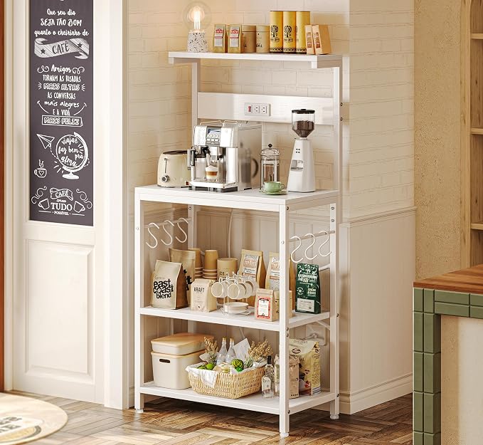 SUPERJARE Kitchen Bakers Rack with Power Outlet, Coffee Bar Table 4 Tiers, Kitchen Microwave Stand with 6 S-Shaped Hooks, Storage Shelf Rack for Spices, Pots and Pans - White