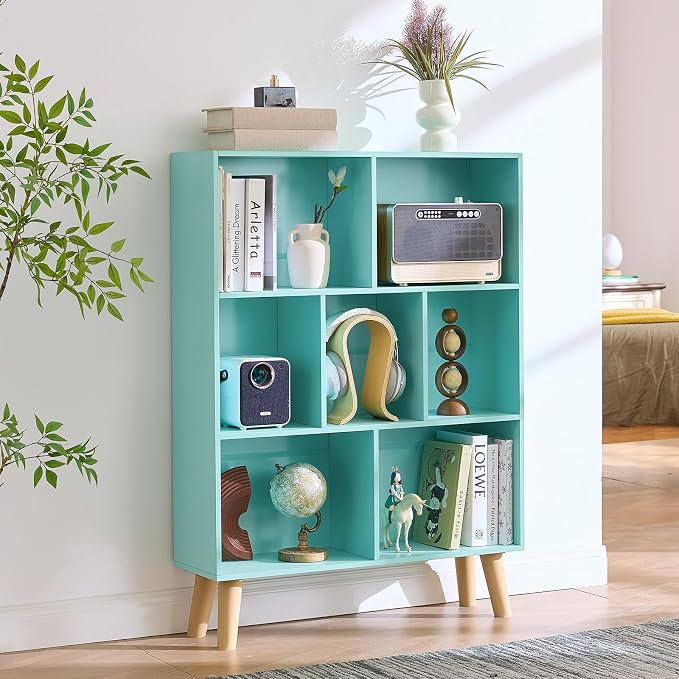 LEYAOYAO Cube Bookshelf, Mid-Century Modern Book Shelf with Legs, Green | 3 Tier Bookcase, Rustic Wood Bookshelves Freestanding Small Storage Organizer, Open Shelves for Bedroom, Living Room, Office