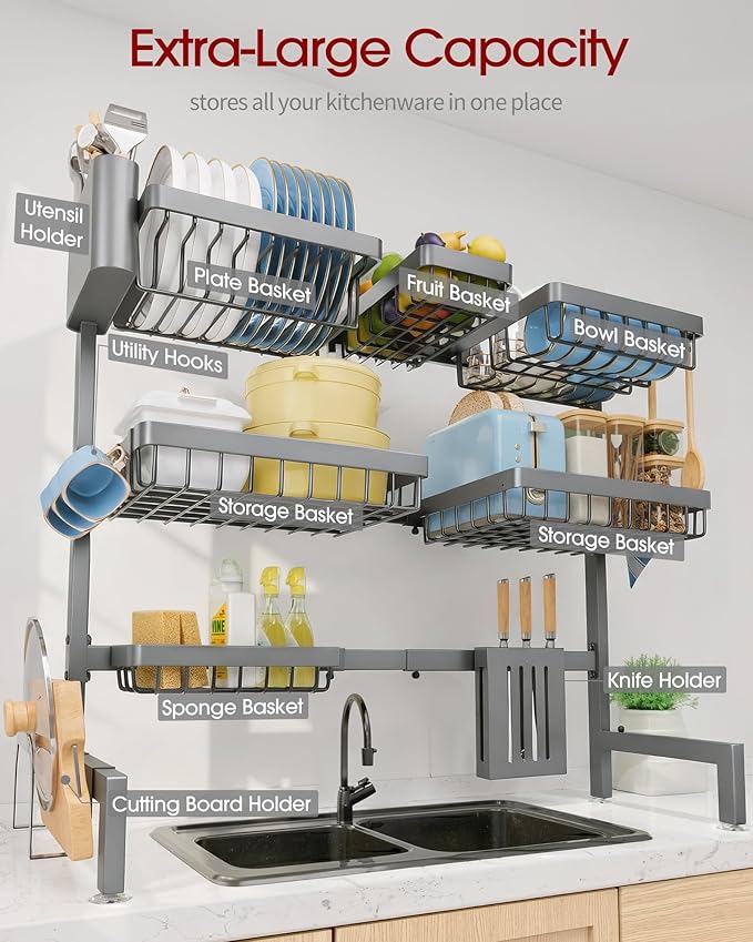 Sakugi Dish Drying Rack Over The Sink, Dish Drainer for Kitchen Counter | Stainless Steel Storage Organizer with Utensil Knife Holder & Hooks, Adjustable 11.8"Dx31.5"~39"Wx30"H, Grey