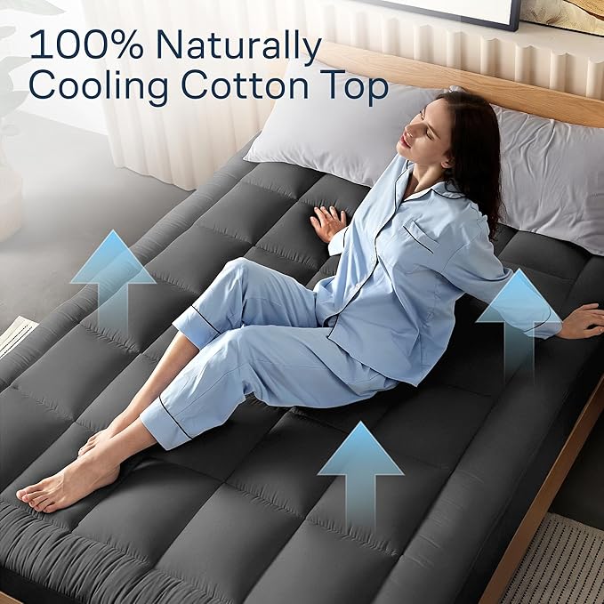 Niagara Sleep Solution Cloud-Like King Non-Slip Mattress Topper - 100% Cotton Top Mattress Pad for Back Pain Relief - Extra-Grip, Breathable & Naturally Cooling for Hot Sleepers, Dark Gray