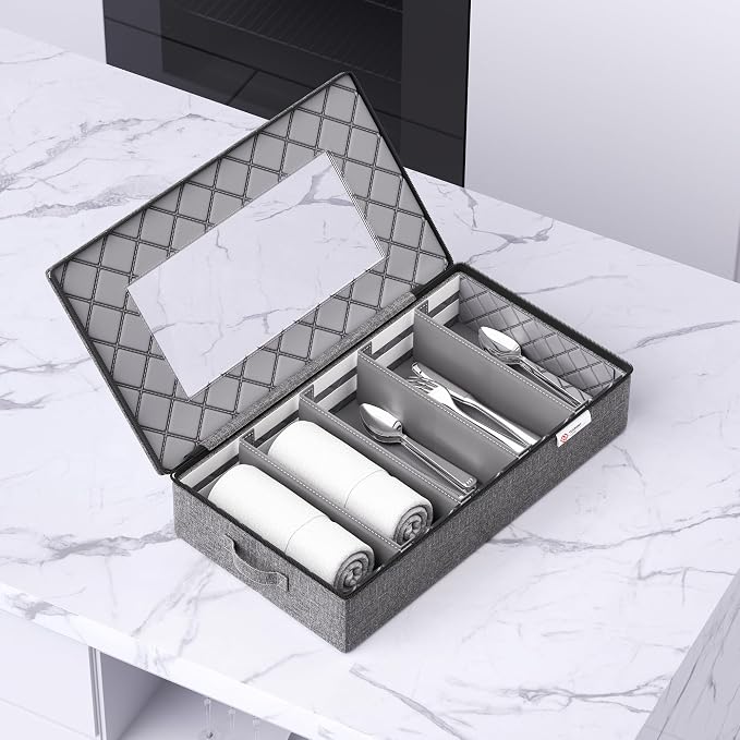 Silverware Storage Box,Hard Shell Flatware Organizer with Lid and Zipper,Utensil Storage with Clear Window and adjustable Divider for Spoons,Forks.Knives,Grey