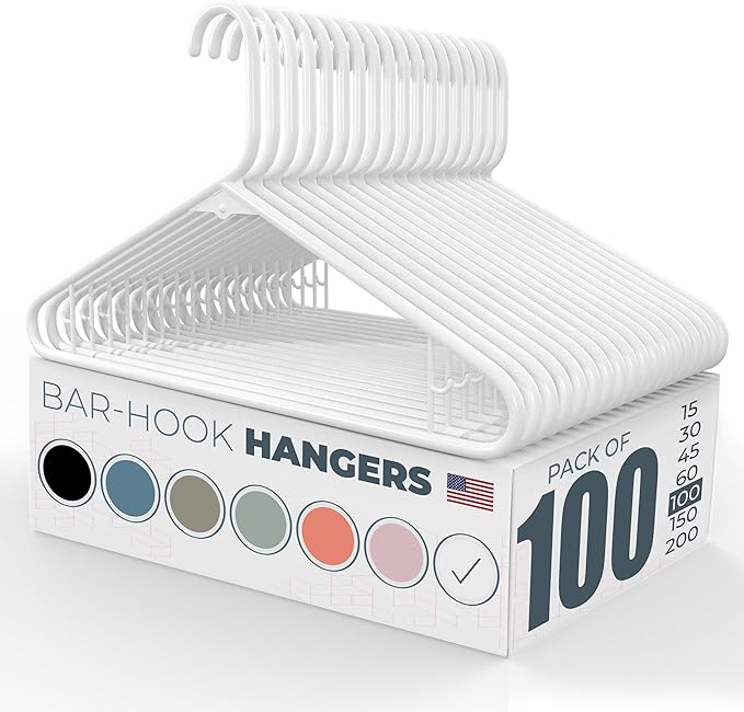 Plastic Hangers 100 Pack – Made in the USA – 6lb Capacity Standard Clothes Hangers with Strap Hooks for Dresses, Lingerie, Shirts, Pants, and Jackets – White