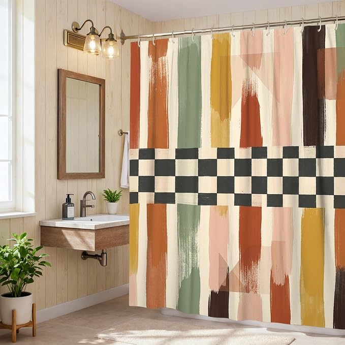 Brush Patterns Shower Curtain, Modern Abstract Checkered Stripes Fall Earth Tones Waterproof Fabric Bathtub Cloth Curtains Decor for Bathroom Guest Room 72x78 Inch