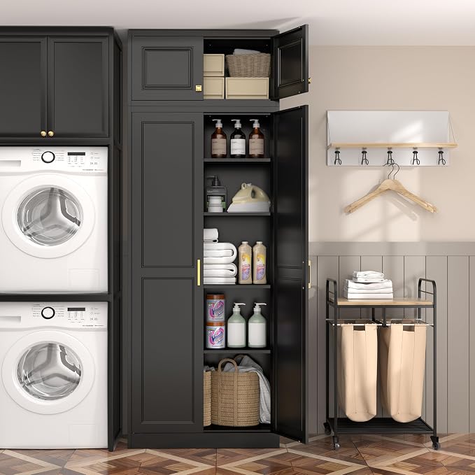 Steeloong 86"Metal Pantry Storage Cabinet with Doors & 4 Adjustable Shelves | Kitchen Pantry Cabinet,Black Kitchen Cabinet with 4 Gold Handles,Tall Cabinet for Livingroom,Pantry, Bathroom,Kitchen,Garage