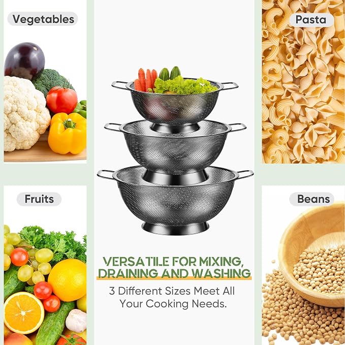 Bokon 3 Pcs Stainless Steel Colander Set Colander Bowl and Sieves 1/3/5 Quart Metal Mesh Strainer Net Basket with Handles Food Spaghetti Strainer for Kitchen Draining Pasta Rinsing(Black)