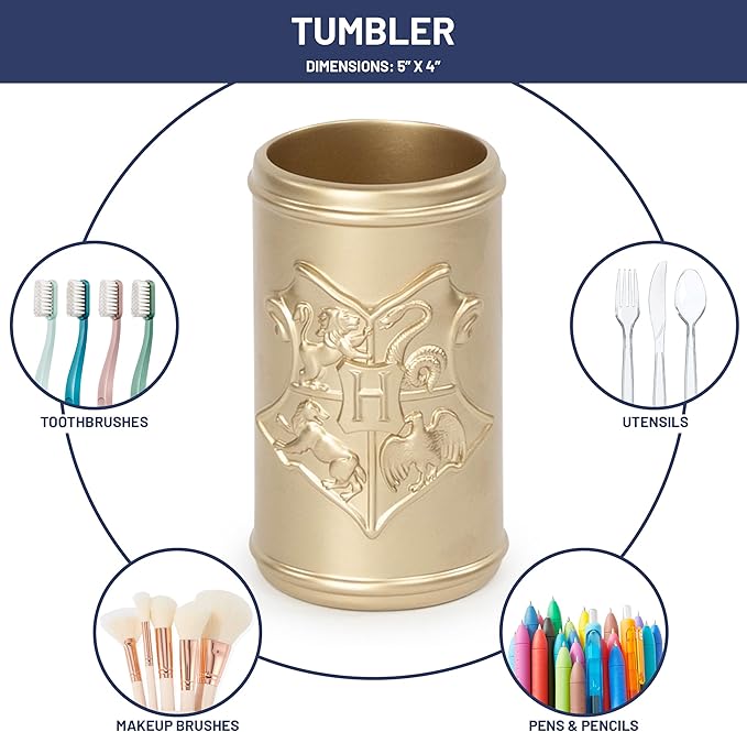 Harry Potter Bathroom Organizer Set - 4 Piece White and Gold Hogwarts Crest Accessories Includes Resin Soap Dispenser, Soap Dish, Toothbrush Holder and Tumbler - Bathroom Décor
