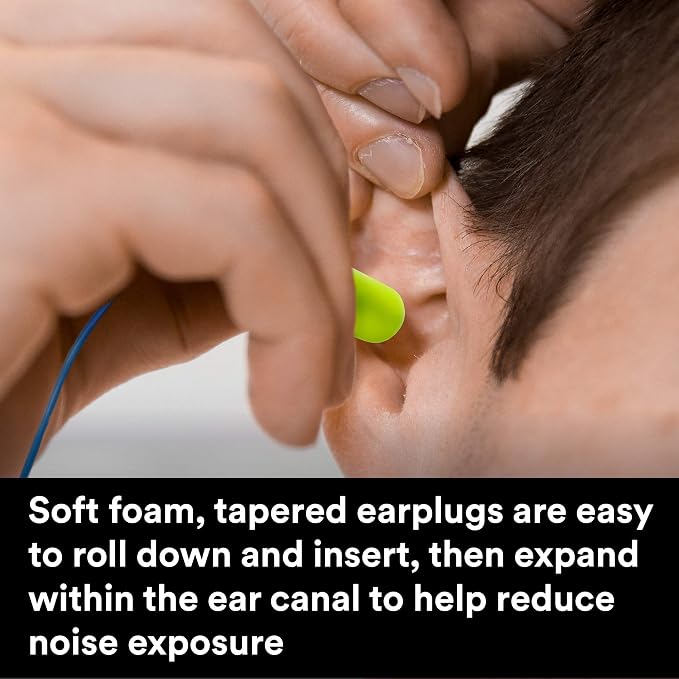 3M Ear Plugs, E-A-Rsoft Yellow Neons 311-1250, 200 Pair of Disposable Earplugs, Pairs Individually Wrapped, Regular Size, Corded, 33 NRR, Tapered Cylinder Shape, Slow Recovery Foam