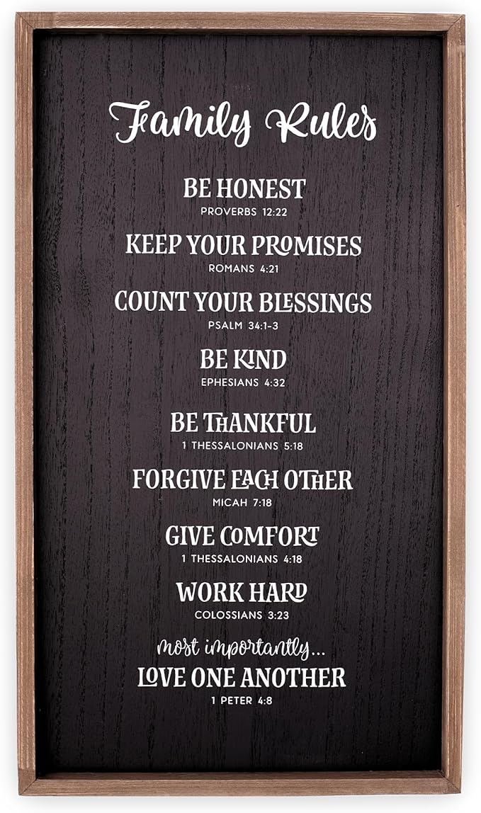 Christian Art Gifts Inspirational Decorative Scripture Wall Art Plaque for Home & Kitchen: Family Rules w/Encouraging Bible Verses, Wooden Rectangular Frame w/Hooks for Hanging in Family Room, Living