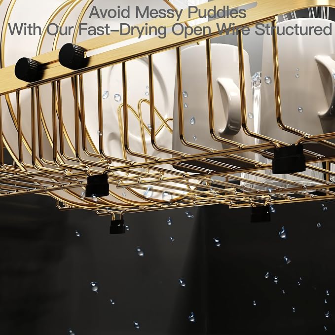 Gold Dish Drying Rack Over The Sink with Utensil Holder, Mat | Expandable Stainless Steel Dish Drainer for Small Kitchen, Apartment, RV, Counter Space Saving, Perfect Fit, Rustproof