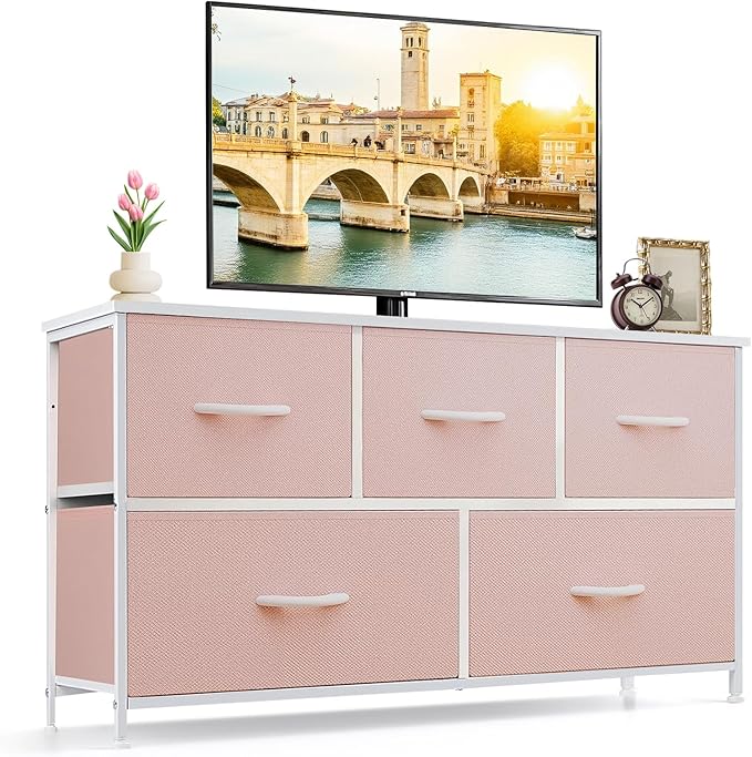 5-Drawer Dresser for Bedroom, Anti-Tip Wide Storage Organizer Fabric Chest of Drawers TV Stand for 45" TV with Wooden Top and Metal Frame for Closet, Living Room, Hallway, Entryway, Pink