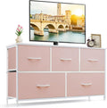 5-Drawer Dresser for Bedroom, Anti-Tip Wide Storage Organizer Fabric Chest of Drawers TV Stand for 45" TV with Wooden Top and Metal Frame for Closet, Living Room, Hallway, Entryway, Pink