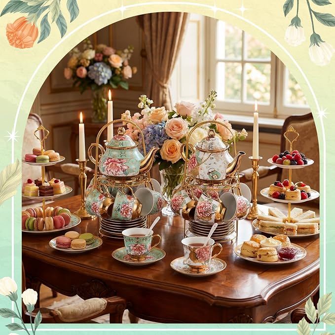 Zhehao 40 Pcs Porcelain Tea Set with Metal Holder and Spoon Adult Ceramic Tea Set European Flower Painting Teapot Cup Saucer Spoon for Women Mom Gift, Large Version (Fresh Style,Bright Style)