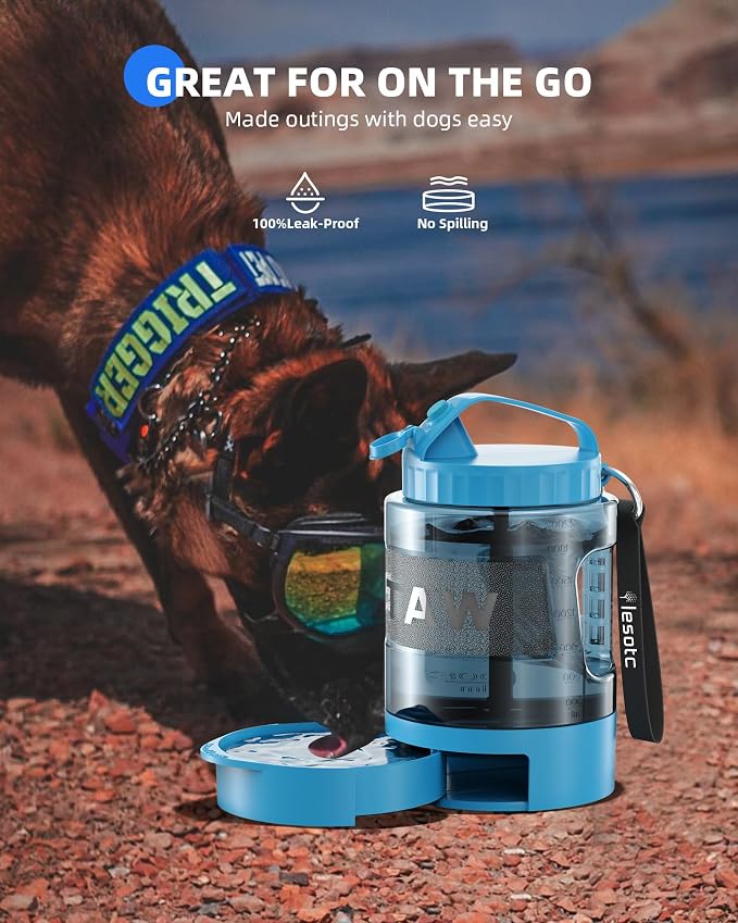 lesotc Portable Dog Water Bowl Dispenser - 77oz Travel Water Bottle with Pop-Out Drinking Bowl, No-Spill Design for Camping, Hiking & Car Rides - Keep Your Dog Hydrated Anywhere, Blue