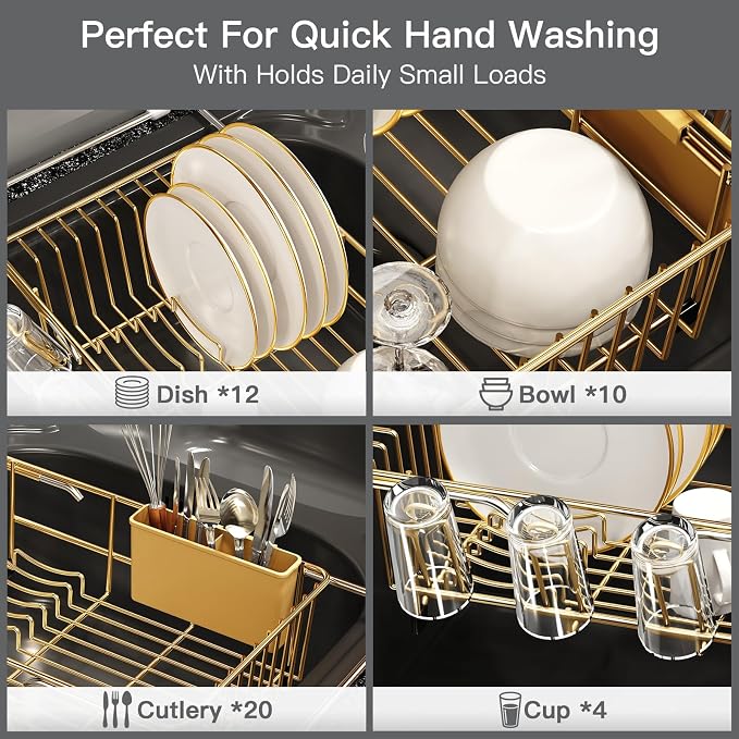 Gold Dish Drying Rack Over The Sink with Utensil Holder | Expandable Stainless Steel Dish Drainer for Small Kitchen, Apartment, RV, Counter Space Saving, Perfect Fit, Rustproof