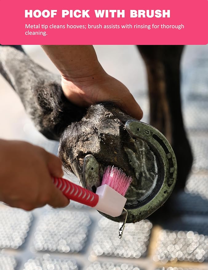 Horse Grooming Kit, 9 Piece Grooming Brush Set with Silicone Curry Comb for Bathing & Shedding Pink Garnet