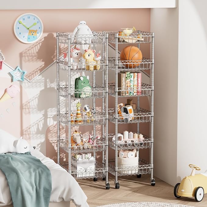 Golpart 6 Shelves Storage Shelf Wire Closet Bathroom Organizers Metal Pantry Kitchen Garage Shelving Unit Laundry Room Organization Home Rack Net Basket Silver with Wheels 14" Dx14 Wx64.8 H