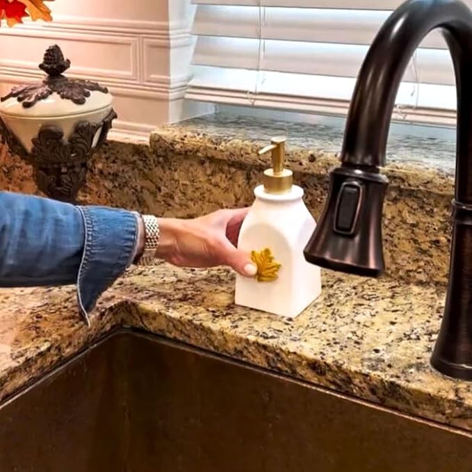SKL Home Seasonal Soap/Lotion Dispenser Gift Set with 7 Interchangeable Magnetic Holiday Attachments, Refillable for Bathroom & Kitchen, Gold