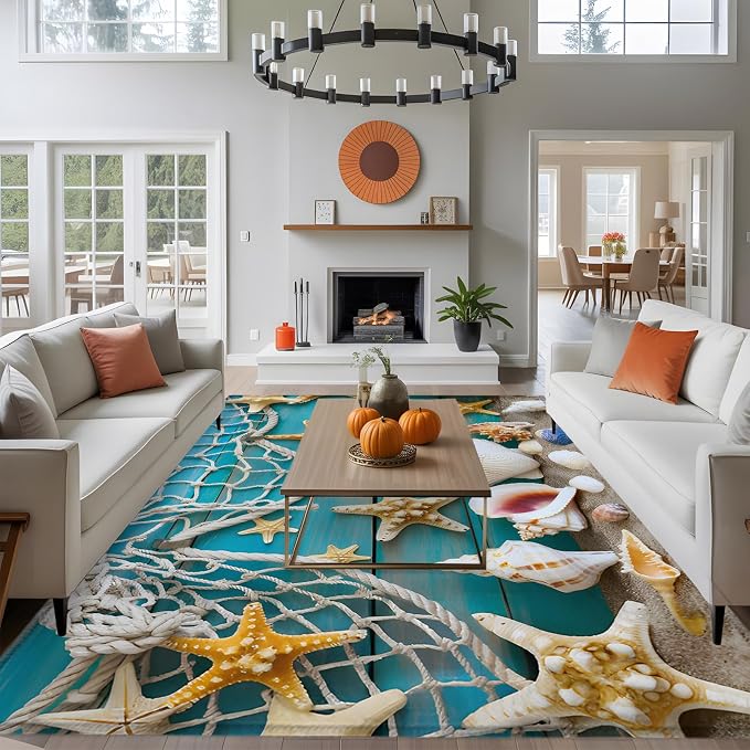 6 x 9 Ft Area Rugs for Dinging Room, Beach Starfish Indoor Accent Rugs for Living Room, Ocean Conch Fishing Net Blue Wood Grain Decorative Modern Carpet Washable Low Pile Non Slip Rug for Bedroom