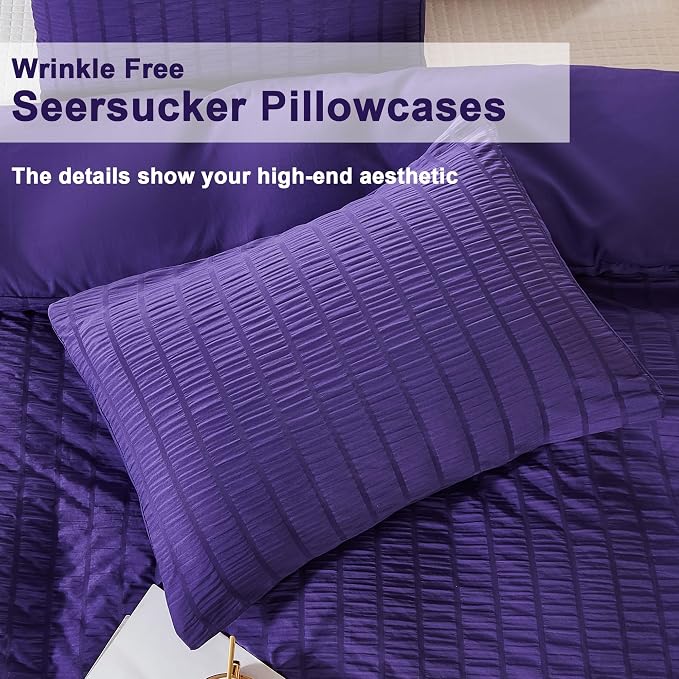 AveLom Seersucker Duvet Cover Set Queen Size (90 x 90 inches), 3 Pieces (1 Duvet Cover, 2 Pillow Cases), Dark Purple Ultra Soft Washed Microfiber, Textured Duvet Cover with Zipper Closure, Corner Ties