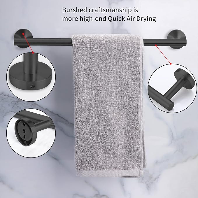 Cilee 10-Piece Matte Black Bathroom Accessories Set, 16 inch Towel Rack + Towel Ring + Robe Towel Hook + Toilet Paper Holder for Bathroom Wall, Stainless Steel Towel Bar