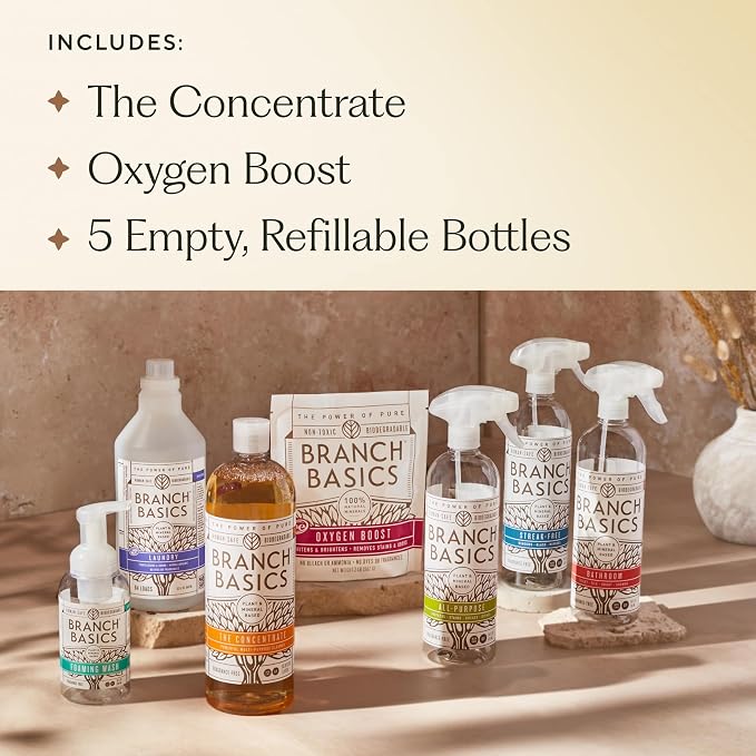Branch Basics Premium Starter Kit: All Purpose Cleaner, Glass, and Bathroom Cleaner plus our Foaming Wash, and Laundry Bottle (3 Plastic Spray Bottles + Concentrate) Fragrance-Free