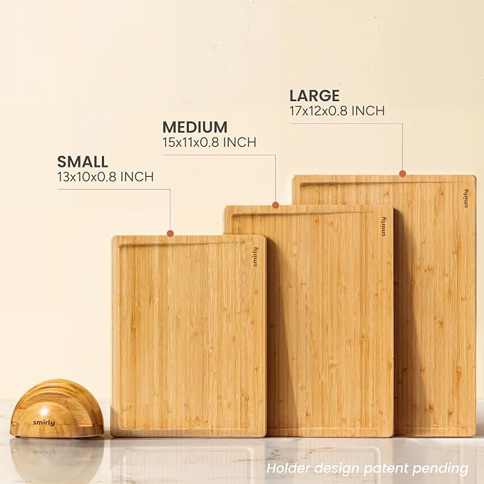 SMIRLY 3 Piece Bamboo Cutting Board Set with Stand for Kitchen | Built-in Handle, Deep Juice Groove, Non Toxic Real Wood, Multiple Sizes Wooden Cutting Boards Set of 3 with Holder