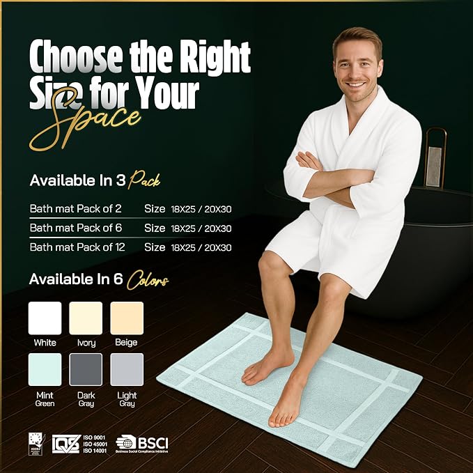 Pearl Linens Pack of 2 100% Cotton Bath Mat 18x25 inches, Soft & Absorbent Quick Dry Bathroom Mat Set, Not Bathroom Rugs, After Shower Mat, Bath Tub Mat, 781 GSM, Machine Washable, Mint Green
