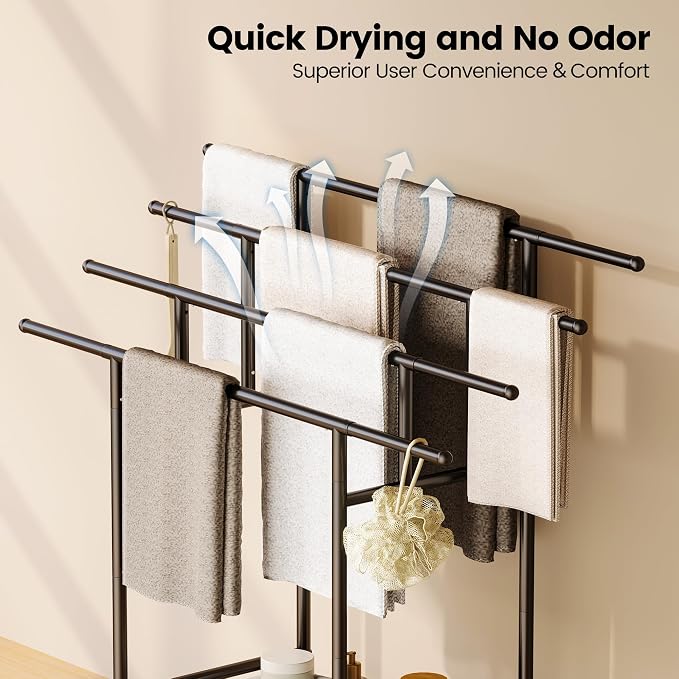 Homeiju Expandable Free Standing Towel Rack for Bathroom, 4 Tier Blanket Rack, Adjustable Blanket Holder for Bathroom, Towel Drying Rack Stand for Outdoor, Poolside, Black