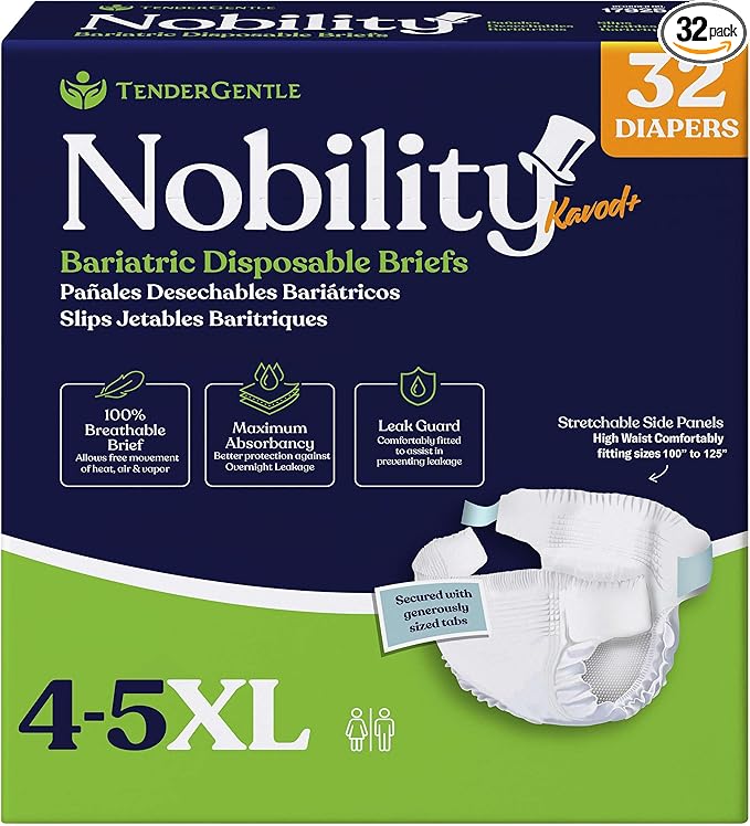 4-5xl Adult Diapers for Women and Men - Case of 32 Bariatric Disposable Briefs with Tabs and Stretchable Side Panels - 100% Breathable with Maximum Absorbency, White