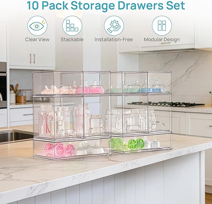 Vtopmart 10 Pack Baby Bottle Organizer Set, Stackable Storage Drawers Ideal for Kichen Countertop, Vanity, Bathroom, Cabinet, Pantry Organization