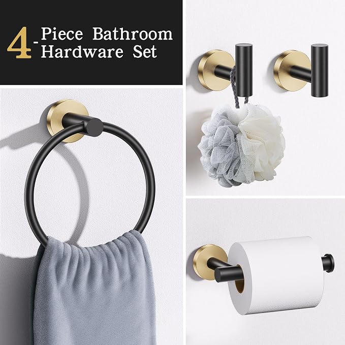 Lairuier Bathroom Hardware Set, 4-Piece Towel Holder Set Include Toilet Paper Holder,Towel Ring and 2 Towel Hooks Stainless Steel Wall Mounted Bathroom Hardware Accessories Set (Black and Gold)