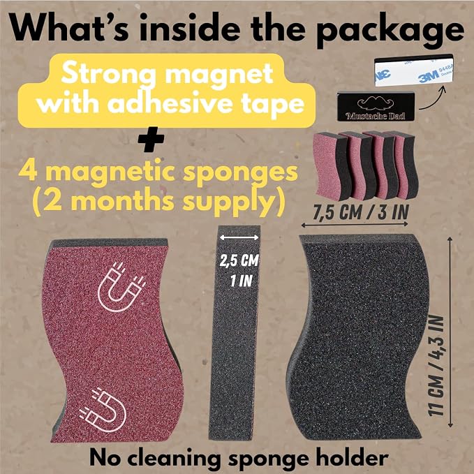 Invisible Magnetic Sponge Holder for Kitchen Sink Caddy with Magnetic Sponge Set 4 Dual-Sided Large Magnet Dish Scrubber (Clutter Organizer) by Mustache Dad