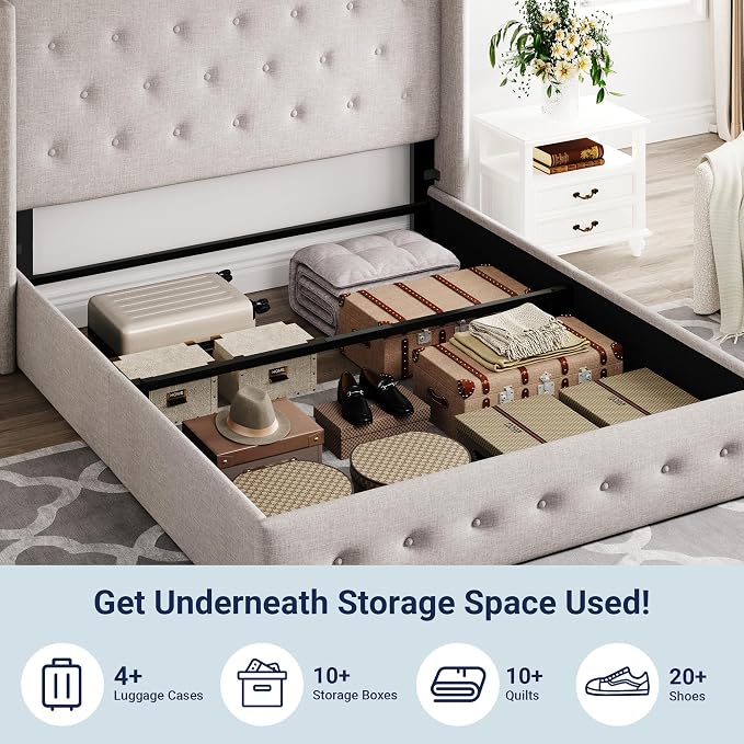 Allewie Full Size Lift Up Storage Button-Tufted Bed Frame Light Beige | Modern Wingback Headboard, Hydraulic Support Storage, No Box Spring Needed