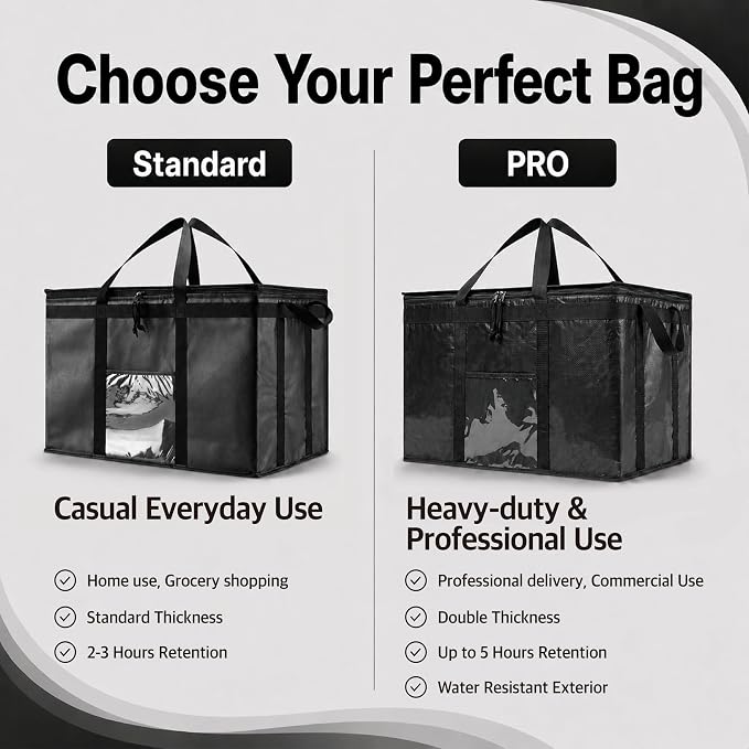 PRO Large Insulated Food Delivery Bag (3XL, Black, 4 Pack) | Thermal bag, For cold & hot food, Water-resistant, Portable cooler, Soft sided catering tote, Grocery bag with zippered top