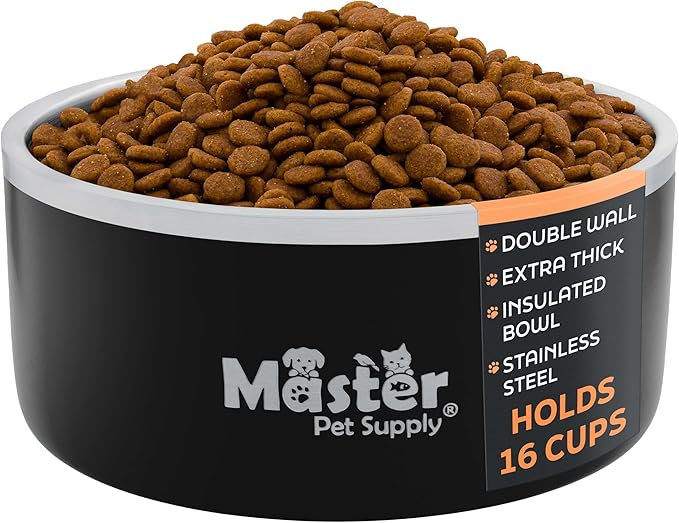 Master Pet Supply Stainless Steel Dog Bowls - 128 oz, Heavy Duty - Black Velvet, Double Wall Extra-Thick Insulated, Non-Slip Pet Water Bowl for Dogs, Cats & Pets, Anti Rust Metal, Dish Washer Safe