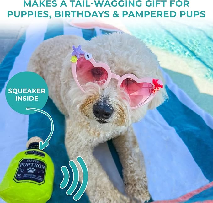 Haute Diggity Dog Puptron Tequila Plush Dog Toy for Small, Medium & Large Dogs, Interactive Funny Parody Squeaky Toys, Soft, Durable, Machine-Washable, Safe & Cute Birthday Gift for Dogs, One Size